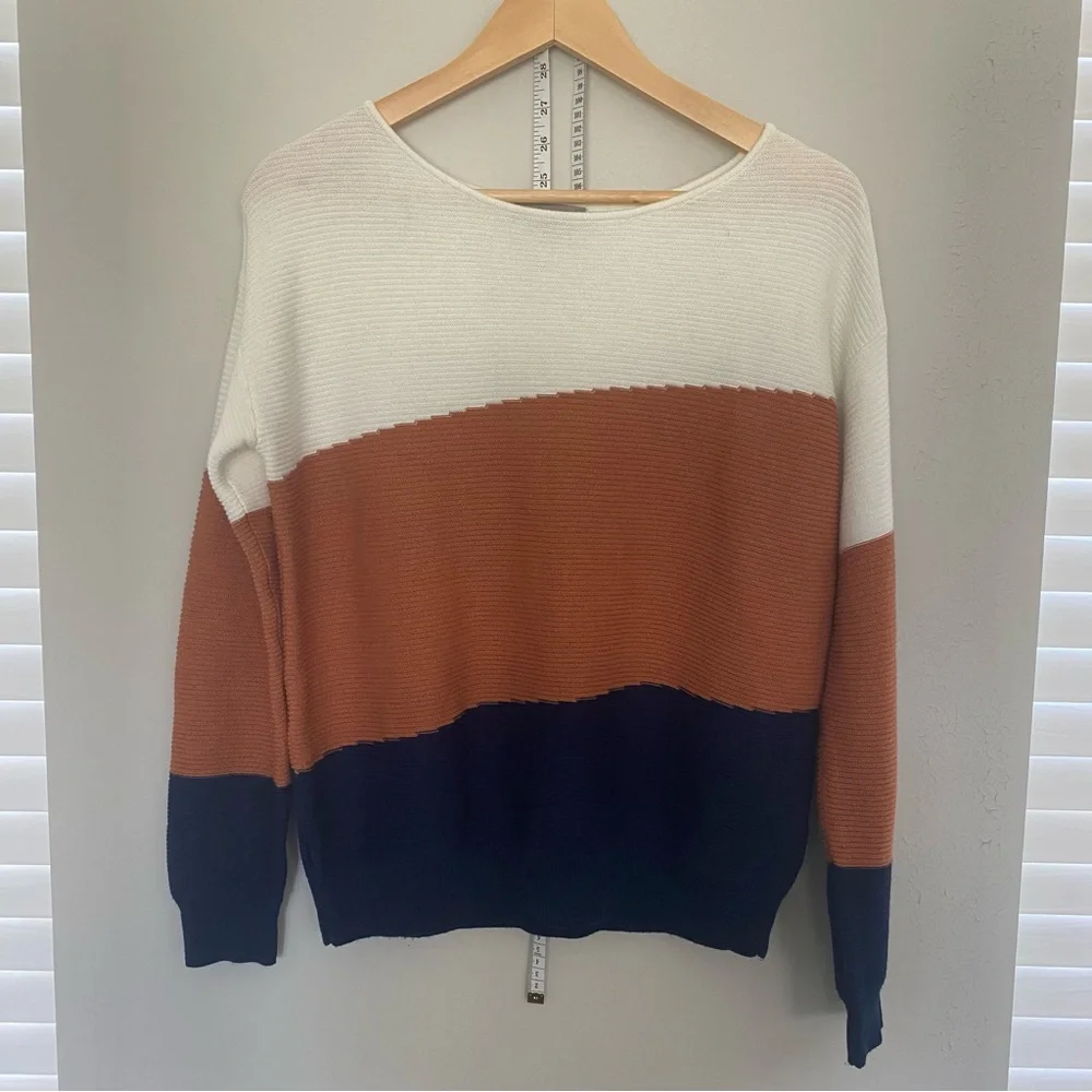 Cream and Orange Crew Neck Colorblock Sweater - Picture 5 of 5